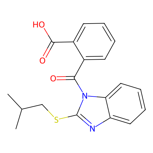 2-({2-[(2-methylpropyl)sulfanyl]-1H-benzimidazol-1-yl}carbonyl)benzoic acid structure
