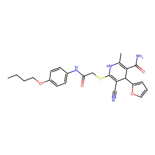 6-((2-((4-butoxyphenyl)amino)-2-oxoethyl)thio)-5-cyano-4-(furan-2-yl)-2-methyl-1,4-dihydropyridine-3-carboxamide structure