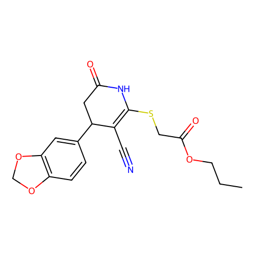 propyl {[4-(1,3-benzodioxol-5-yl)-3-cyano-6-oxo-1,4,5,6-tetrahydropyridin-2-yl]sulfanyl}acetate structure