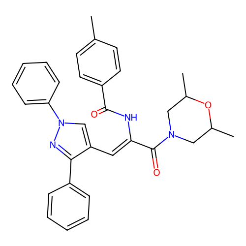 N-[(1Z)-3-(2,6-dimethylmorpholin-4-yl)-1-(1,3-diphenyl-1H-pyrazol-4-yl)-3-oxoprop-1-en-2-yl]-4-methylbenzamide structure