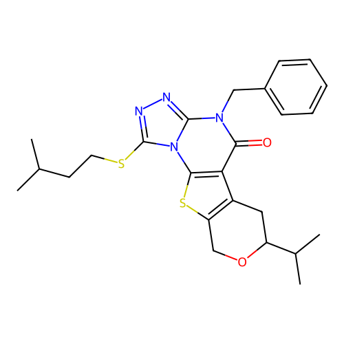 4-benzyl-1-(isopentylthio)-7-isopropyl-6,7-dihydro-4H-pyrano[4',3':4,5]thieno[3,2-e][1,2,4]triazolo[4,3-a]pyrimidin-5(9H)-one structure
