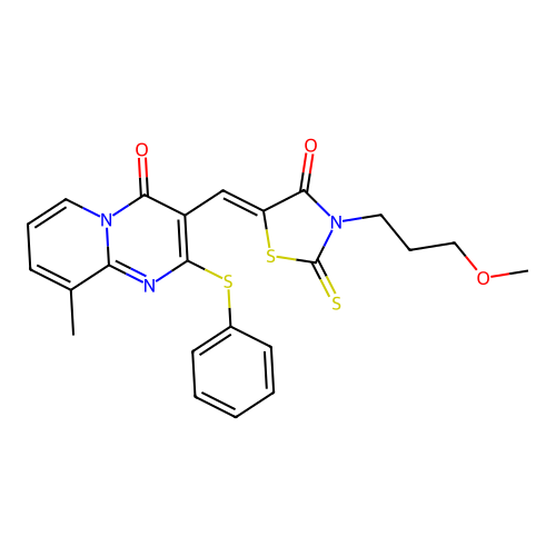 3-{(Z)-[3-(3-methoxypropyl)-4-oxo-2-thioxo-1,3-thiazolidin-5-ylidene]methyl}-9-methyl-2-(phenylsulfanyl)-4H-pyrido[1,2-a]pyrimidin-4-one structure