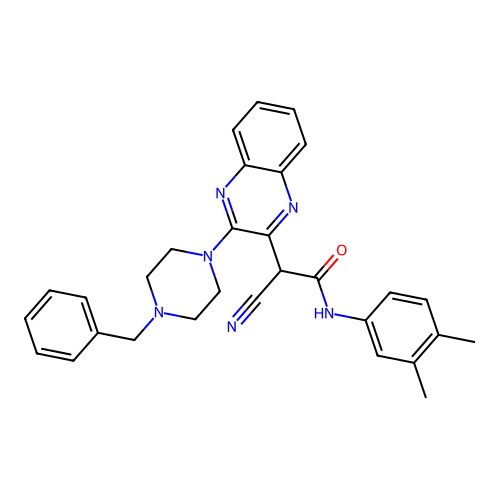 2-[3-(4-benzylpiperazin-1-yl)quinoxalin-2-yl]-2-cyano-N-(3,4-dimethylphenyl)acetamide structure