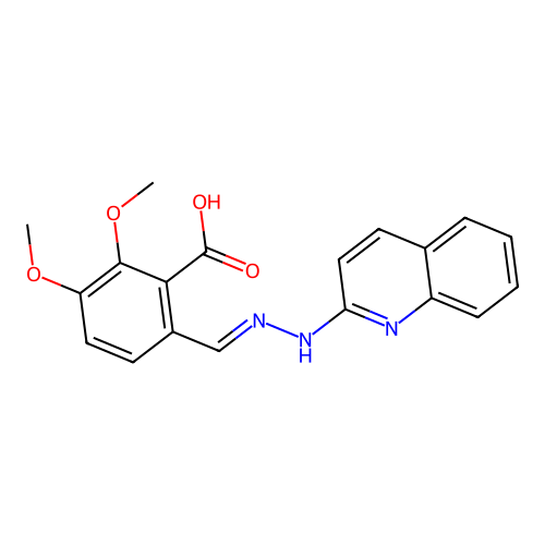 (E)-2,3-dimethoxy-6-((2-(quinolin-2-yl)hydrazono)methyl)benzoic acid structure