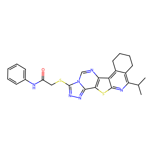 2-((11-isopropyl-7,8,9,10-tetrahydro-[1,2,4]triazolo[4'',3'':1',6']pyrimido[4',5':4,5]thieno[2,3-c]isoquinolin-3-yl)thio)-N-phenylacetamide structure