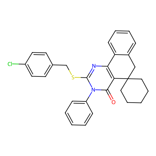 2-((4-chlorobenzyl)thio)-3-phenyl-3H-spiro[benzo[h]quinazoline-5,1'-cyclohexan]-4(6H)-one structure