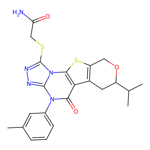 2-((7-isopropyl-5-oxo-4-(m-tolyl)-5,6,7,9-tetrahydro-4H-pyrano[4',3':4,5]thieno[3,2-e][1,2,4]triazolo[4,3-a]pyrimidin-1-yl)thio)acetamide structure