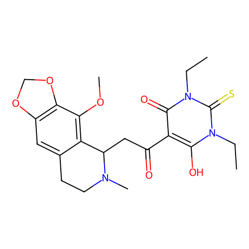 1,3-diethyl-6-hydroxy-5-(2-(4-methoxy-6-methyl-5,6,7,8-tetrahydro-[1,3]dioxolo[4,5-g]isoquinolin-5-yl)acetyl)-2-thioxo-2,3-dihydropyrimidin-4(1H)-one structure