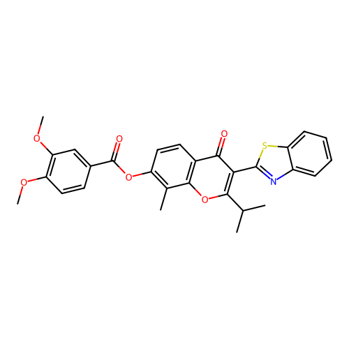 3-(1,3-benzothiazol-2-yl)-8-methyl-4-oxo-2-(propan-2-yl)-4H-chromen-7-yl 3,4-dimethoxybenzoate structure
