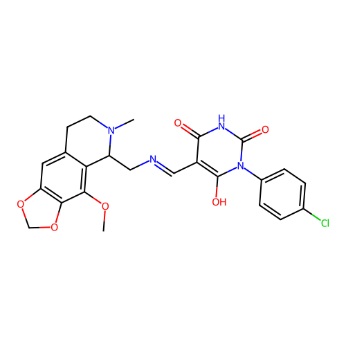(Z)-1-(4-chlorophenyl)-5-((((4-methoxy-6-methyl-5,6,7,8-tetrahydro-[1,3]dioxolo[4,5-g]isoquinolin-5-yl)methyl)amino)methylene)pyrimidine-2,4,6(1H,3H,5H)-trione structure