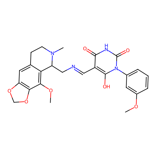 (5Z)-5-({[(4-methoxy-6-methyl-5,6,7,8-tetrahydro[1,3]dioxolo[4,5-g]isoquinolin-5-yl)methyl]amino}methylidene)-1-(3-methoxyphenyl)pyrimidine-2,4,6(1H,3H,5H)-trione structure