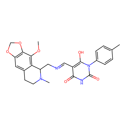 (E)-5-((((4-methoxy-6-methyl-5,6,7,8-tetrahydro-[1,3]dioxolo[4,5-g]isoquinolin-5-yl)methyl)amino)methylene)-1-(p-tolyl)pyrimidine-2,4,6(1H,3H,5H)-trione structure