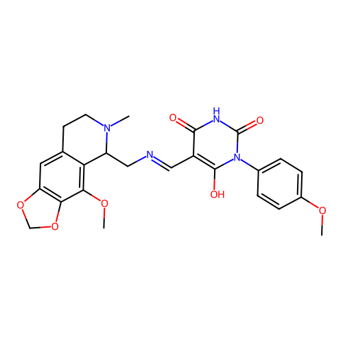 (5E)-6-hydroxy-5-({[(4-methoxy-6-methyl-5,6,7,8-tetrahydro[1,3]dioxolo[4,5-g]isoquinolin-5-yl)methyl]amino}methylidene)-3-(4-methoxyphenyl)pyrimidine-2,4(3H,5H)-dione structure