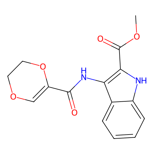methyl 3-(5,6-dihydro-1,4-dioxine-2-carboxamido)-1H-indole-2-carboxylate structure