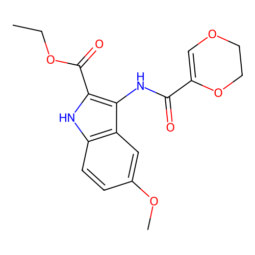 ethyl 3-(2,3-dihydro-1,4-dioxine-5-carbonylamino)-5-methoxy-1H-indole-2-carboxylate structure