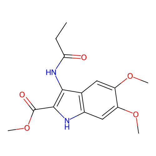 methyl 5,6-dimethoxy-3-(propanoylamino)-1H-indole-2-carboxylate structure