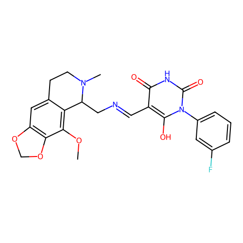 (5Z)-1-(3-fluorophenyl)-5-({[(4-methoxy-6-methyl-5,6,7,8-tetrahydro[1,3]dioxolo[4,5-g]isoquinolin-5-yl)methyl]amino}methylidene)pyrimidine-2,4,6(1H,3H,5H)-trione structure