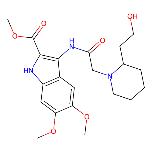 methyl 3-({[2-(2-hydroxyethyl)piperidin-1-yl]acetyl}amino)-5,6-dimethoxy-1H-indole-2-carboxylate structure