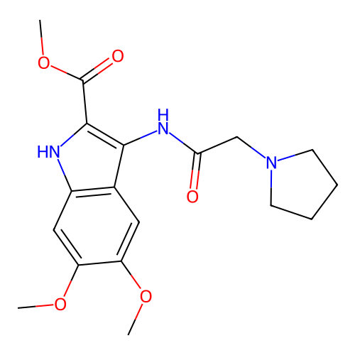 methyl 5,6-dimethoxy-3-[(pyrrolidin-1-ylacetyl)amino]-1H-indole-2-carboxylate structure