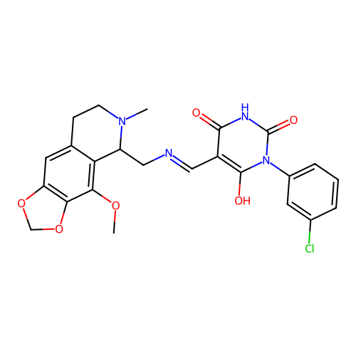 (5Z)-1-(3-chlorophenyl)-5-({[(4-methoxy-6-methyl-5,6,7,8-tetrahydro[1,3]dioxolo[4,5-g]isoquinolin-5-yl)methyl]amino}methylidene)pyrimidine-2,4,6(1H,3H,5H)-trione structure