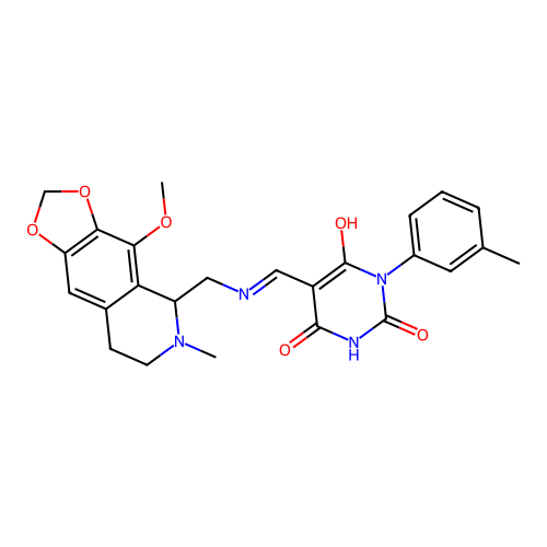 (5Z)-5-({[(4-methoxy-6-methyl-5,6,7,8-tetrahydro[1,3]dioxolo[4,5-g]isoquinolin-5-yl)methyl]amino}methylidene)-1-(3-methylphenyl)pyrimidine-2,4,6(1H,3H,5H)-trione structure