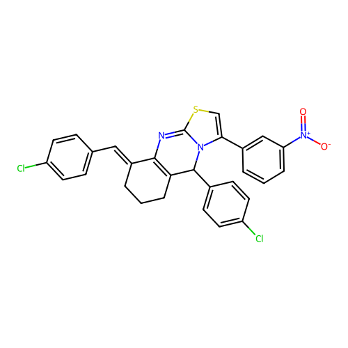 (9E)-5-(4-chlorophenyl)-9-[(4-chlorophenyl)methylidene]-3-(3-nitrophenyl)-5,6,7,8-tetrahydro-[1,3]thiazolo[2,3-b]quinazoline structure