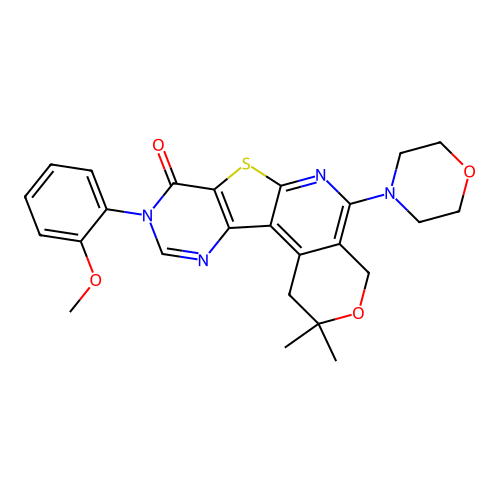 9-(2-methoxyphenyl)-2,2-dimethyl-5-(morpholin-4-yl)-1,4-dihydro-2H-pyrano[4'',3'':4',5']pyrido[3',2':4,5]thieno[3,2-d]pyrimidin-8(9H)-one structure