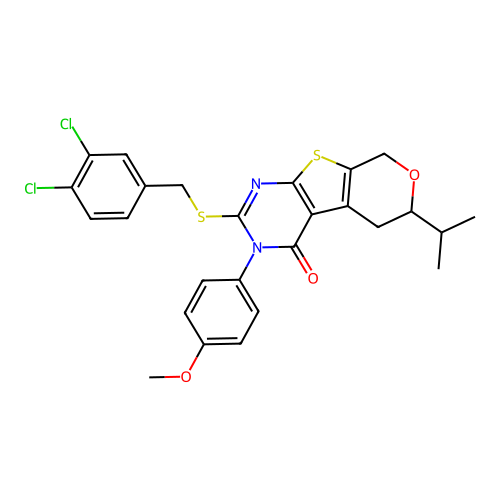 2-((3,4-dichlorobenzyl)thio)-6-isopropyl-3-(4-methoxyphenyl)-5,6-dihydro-3H-pyrano[4',3':4,5]thieno[2,3-d]pyrimidin-4(8H)-one structure