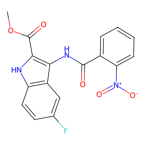 methyl 5-fluoro-3-{[(2-nitrophenyl)carbonyl]amino}-1H-indole-2-carboxylate structure