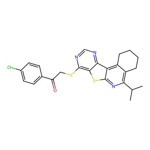 1-(4-chlorophenyl)-2-((5-isopropyl-1,2,3,4-tetrahydropyrimido[4',5':4,5]thieno[2,3-c]isoquinolin-8-yl)thio)ethanone structure