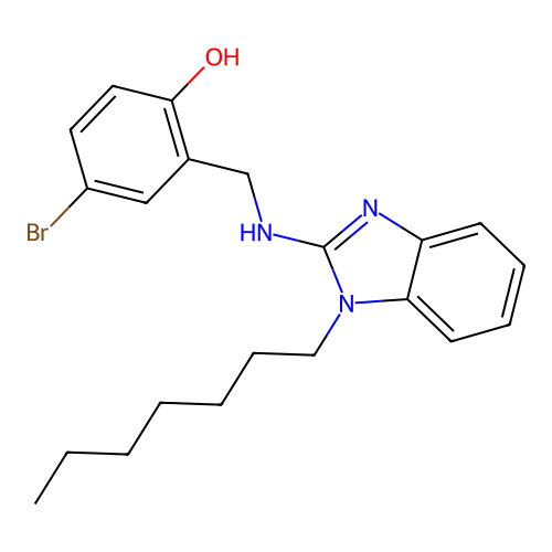 4-bromo-2-(((1-heptyl-1H-benzo[d]imidazol-2-yl)amino)methyl)phenol structure