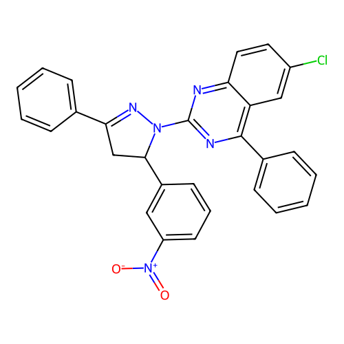 6-chloro-2-(5-(3-nitrophenyl)-3-phenyl-4,5-dihydro-1H-pyrazol-1-yl)-4-phenylquinazoline structure