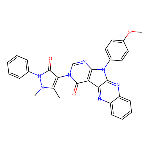 3-(1,5-dimethyl-3-oxo-2-phenyl-2,3-dihydro-1H-pyrazol-4-yl)-11-(4-methoxyphenyl)-3,11-dihydro-4H-pyrimido[5',4':4,5]pyrrolo[2,3-b]quinoxalin-4-one structure