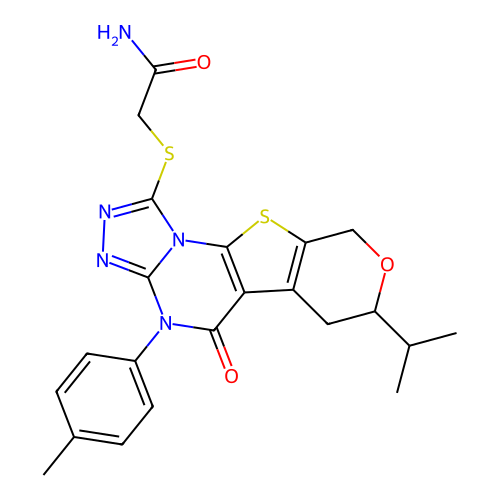 2-((7-isopropyl-5-oxo-4-(p-tolyl)-5,6,7,9-tetrahydro-4H-pyrano[4',3':4,5]thieno[3,2-e][1,2,4]triazolo[4,3-a]pyrimidin-1-yl)thio)acetamide structure