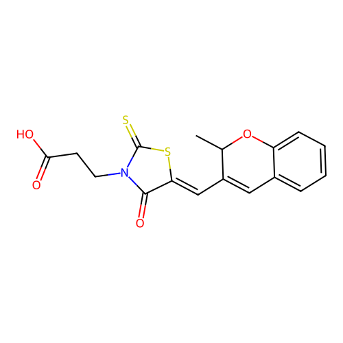 3-[(5Z)-5-[(2-methyl-2H-chromen-3-yl)methylidene]-4-oxo-2-sulfanylidene-1,3-thiazolidin-3-yl]propanoic acid structure