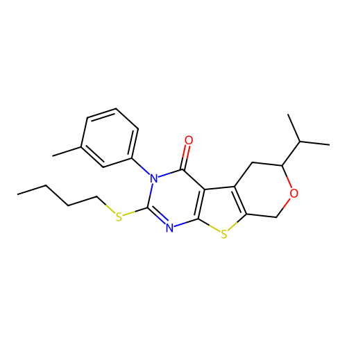 2-(butylsulfanyl)-3-(3-methylphenyl)-6-(propan-2-yl)-3,5,6,8-tetrahydro-4H-pyrano[4',3':4,5]thieno[2,3-d]pyrimidin-4-one structure