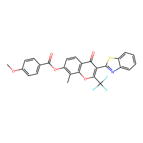 3-(1,3-benzothiazol-2-yl)-8-methyl-4-oxo-2-(trifluoromethyl)-4H-chromen-7-yl 4-methoxybenzoate structure