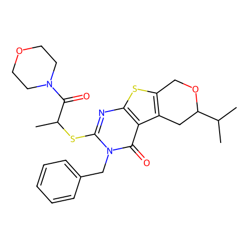3-benzyl-2-{[1-(morpholin-4-yl)-1-oxopropan-2-yl]sulfanyl}-6-(propan-2-yl)-3,5,6,8-tetrahydro-4H-pyrano[4',3':4,5]thieno[2,3-d]pyrimidin-4-one structure