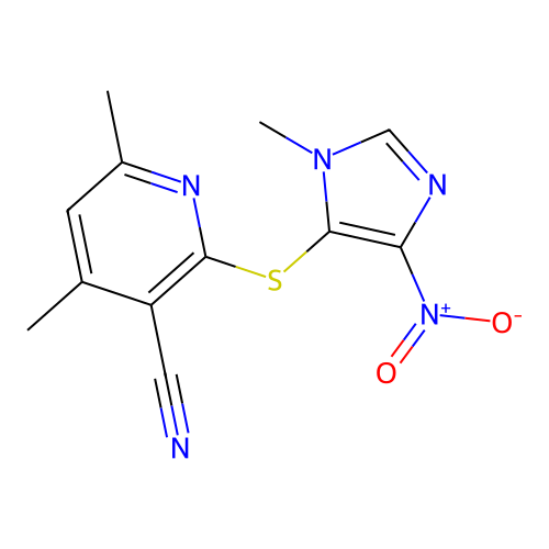 4,6-dimethyl-2-[(1-methyl-4-nitro-1H-imidazol-5-yl)sulfanyl]pyridine-3-carbonitrile structure