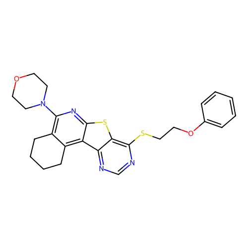 4-(8-((2-phenoxyethyl)thio)-1,2,3,4-tetrahydropyrimido[4',5':4,5]thieno[2,3-c]isoquinolin-5-yl)morpholine structure