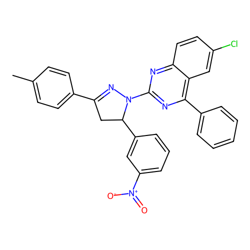 6-chloro-2-(5-(3-nitrophenyl)-3-(p-tolyl)-4,5-dihydro-1H-pyrazol-1-yl)-4-phenylquinazoline structure