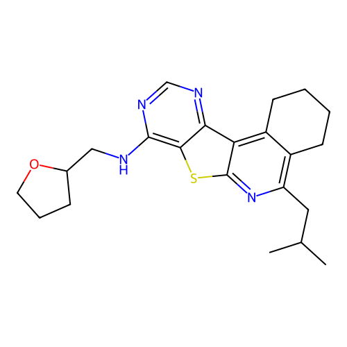 5-(2-methylpropyl)-N-(tetrahydrofuran-2-ylmethyl)-1,2,3,4-tetrahydropyrimido[4',5':4,5]thieno[2,3-c]isoquinolin-8-amine structure
