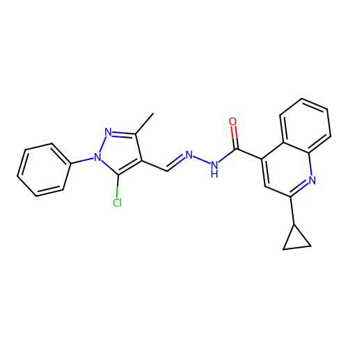 (E)-N'-((5-chloro-3-methyl-1-phenyl-1H-pyrazol-4-yl)methylene)-2-cyclopropylquinoline-4-carbohydrazide structure