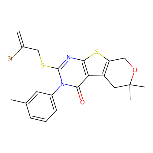 2-((2-bromoallyl)thio)-6,6-dimethyl-3-(m-tolyl)-5,6-dihydro-3H-pyrano[4',3':4,5]thieno[2,3-d]pyrimidin-4(8H)-one structure