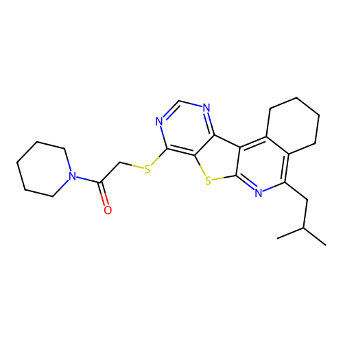 2-((5-isobutyl-1,2,3,4-tetrahydropyrimido[4',5':4,5]thieno[2,3-c]isoquinolin-8-yl)thio)-1-(piperidin-1-yl)ethanone structure