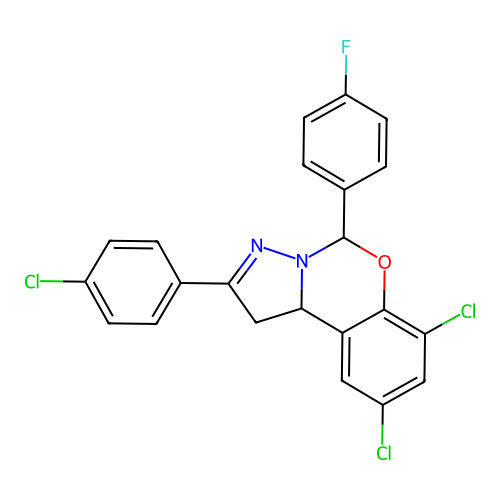 2,4-dichloro-9-(4-chlorophenyl)-6-(4-fluorophenyl)-6H,10aH-benzo[e]2-pyrazolin o[1,5-c]1,3-oxazine structure
