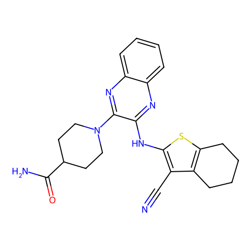 1-(3-((3-cyano-4,5,6,7-tetrahydrobenzo[b]thiophen-2-yl)amino)quinoxalin-2-yl)piperidine-4-carboxamide structure