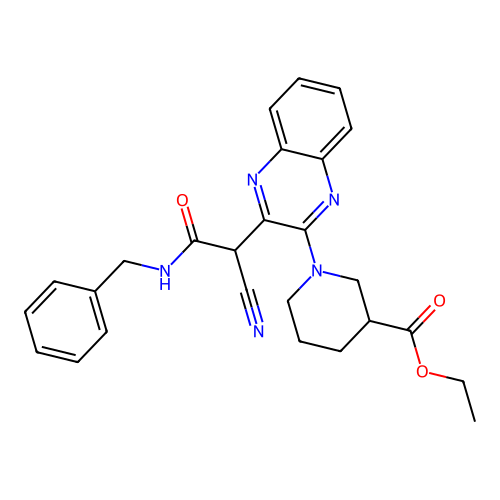 ethyl 1-[3-[2-(benzylamino)-1-cyano-2-oxoethyl]quinoxalin-2-yl]piperidine-3-carboxylate structure