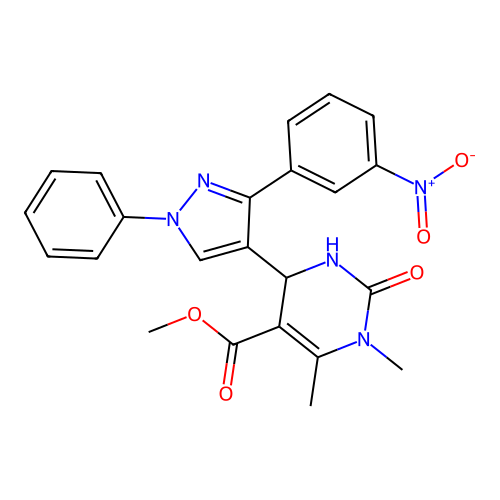 methyl 1,6-dimethyl-4-(3-(3-nitrophenyl)-1-phenyl-1H-pyrazol-4-yl)-2-oxo-1,2,3,4-tetrahydropyrimidine-5-carboxylate structure