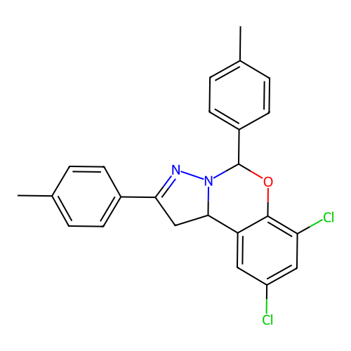 6,9-bis(4-methylphenyl)-2,4-dichloro-6H,10aH-benzo[e]2-pyrazolino[1,5-c]1,3-ox azine structure